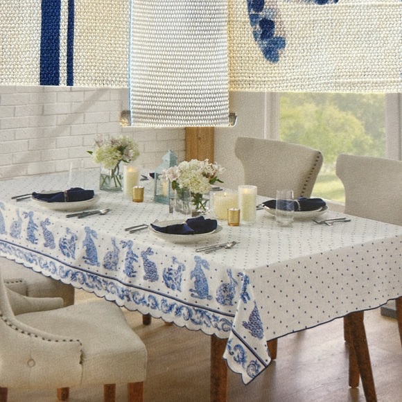 Rachel Roy Tablecloth Chinoiserie Bunny Allover Blue White Scalloped 60”x84” - Picture 3 of 4